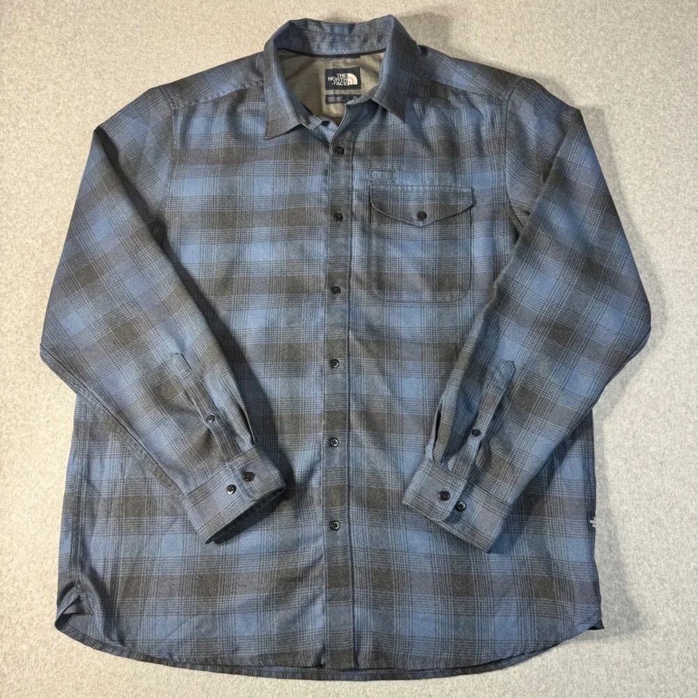 The North Face ThermoCore Flannel Blue Plaid Shirt XL with Secure Travel Pocket